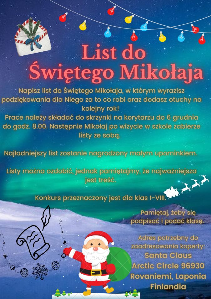 Konkurs - List do Świętego Mikołaja kl. I - VIII